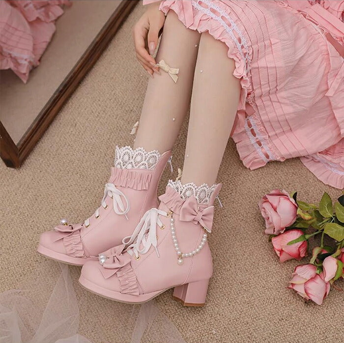 【5cmヒール】ロリータ ブーツ レディース ショートブーツ 甘ロリ お姫様 森ガール ロリィタ靴 レース リボン パール  チャンキーヒール 歩きやすい 疲れない 痛くない サイドジップ おしゃれ かわいい お茶会 コスプレ 発表会 黒 ピンク 白 秋冬