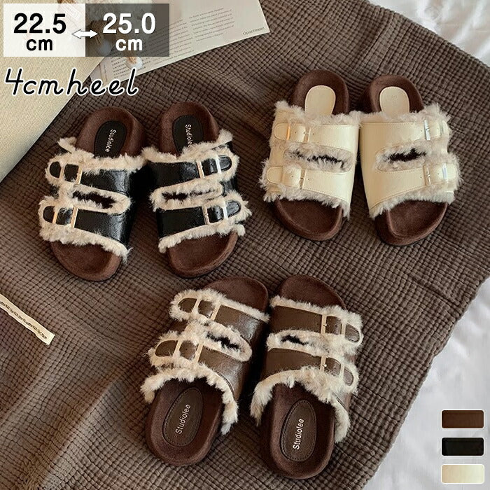 【7日内出荷】【4cmヒール】サンダル 厚底 ファーサンダル レディース ボアサンダル 冬用 4cmヒール もこもこ 歩きやすい 暖かい 冬用サンダル 痛くない 疲れにくい 美脚 ダブルベルト レザー調 合皮 おしゃれ ルームシューズ 室内履き 20代 30代 靴 防寒 黒 茶 白