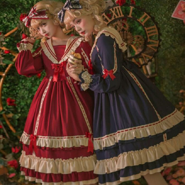 【7日内出荷】ロリータ ドレス ゴスロリ＆ロリータ服 長袖 ワンピース 膝丈 ミモレ丈 ロング ロリィタ服 マリン風 お姫様 ドレス 裾フリル レース リボン 可愛い ハイウエスト 学園祭 イベント コスプレ衣装 コスチュームレディース 大人 春秋冬 S M L XLワインレッド ネイビー