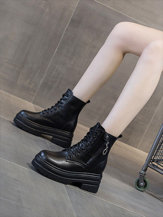 【7日内出荷】ショートブーツ 厚底 ブーツ レディース サイドジップ レースアップブーツ 秋ブーツ 太ヒール 靴 日常 通勤 美脚 カジュアル おしゃれ 痛くない 履きやすい 柔らかい 編み上げブーツ ラウンドトゥ きれいめ シンプル 大人気 春夏秋冬 韓国 仕事 PU 合皮 細見え 黒 ベージュ