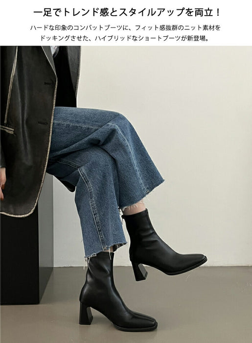 【8cmヒール】ブーツ レディース ショートブーツ ストレッチ 歩きやすい 痛くない ストレッチブーツ 8cmヒール ハイヒール バックジップ チャンキーヒール 通勤 オフィス ソックスブーツ 美脚 きれいめ カジュアル 大人女子 秋冬 黒 ブラウン アイボリー