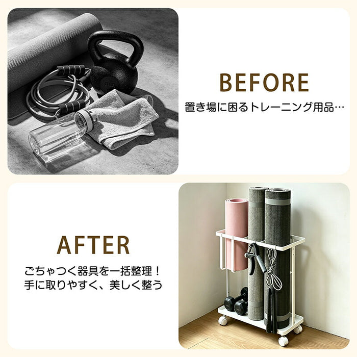 RAKU フィットネス収納ラック キャスター フック付き ヨガマット フォームローラー 筋トレ用品収納 2段式 隙間収納 スリム フック付 ホームジム 約W50×D18.5×H45.5cm