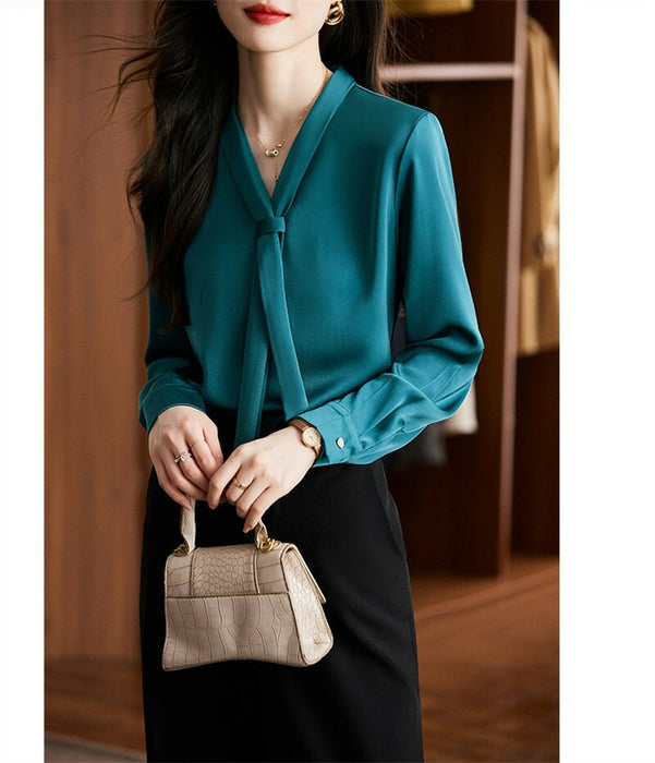 【7日内出荷】ブラウス レディース オフィス ボウタイ スカーフタイ リボンタイ Vネック スーツ カットソー きれいめ 長袖 シフォン 白ブラウス 白シャツ インナー トップス オフィスカジュアル シワになりにくい イージーケア 春 夏