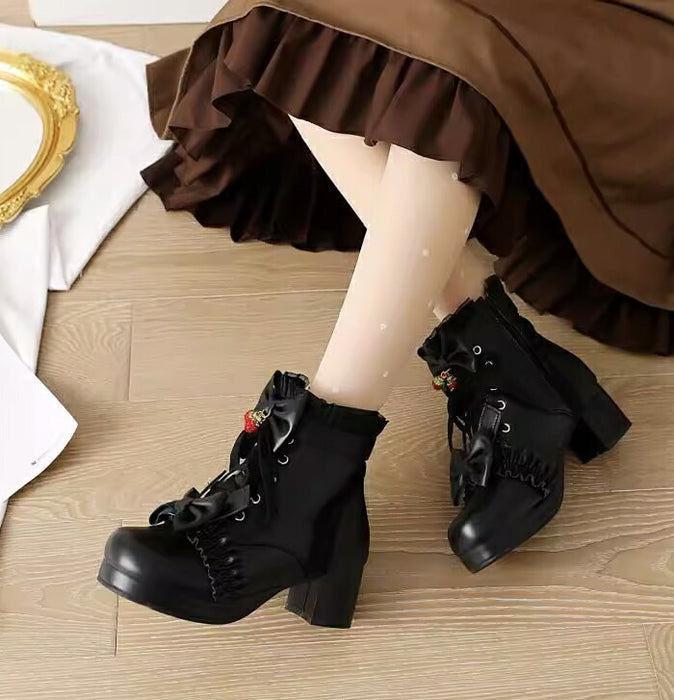【5cmヒール】ロリータ ブーツ 厚底ブーツ レディース キッズ 子供 靴 ショート丈 編み上げブーツ お姫様 お嬢様 ロリィタ いちご リボン レース  太ヒール 歩きやすい 痛くない サイドジップ かわいい 七五三 コスプレ お茶会 発表会 黒 白 秋冬