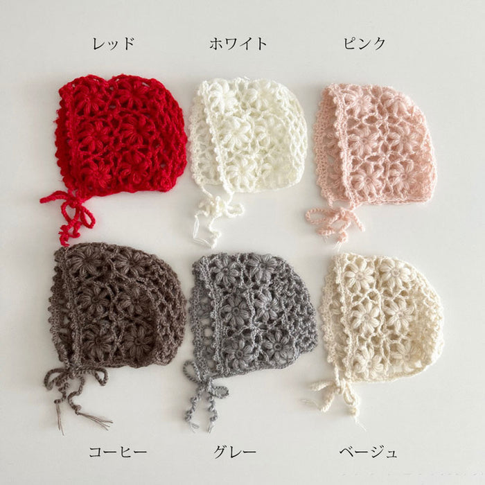 【7日内出荷】ニット ボンネット ベビー 帽子 ナチュラル ベビー服 女の子 透かし編み スカラップ ボンネット 冬 花 ひも  無地  防寒 お出掛け  おしゃれ 韓国子供服   あご紐 祝い 出産祝い プレゼント 記念撮影 写真  お宮参り セレモニー フード