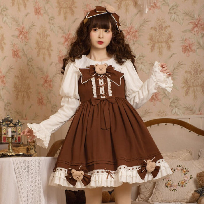 【2点セット】ワンピース ロリータ服 ジャンパースカート くま エレガント かわいい クマちゃん JSK 膝丈 ベア ぬいぐるみ 秋新作 レディース 甘ロリィタ ブラウン フリル リボン ロリータ lolita ドレス 日常 お出かけ デート