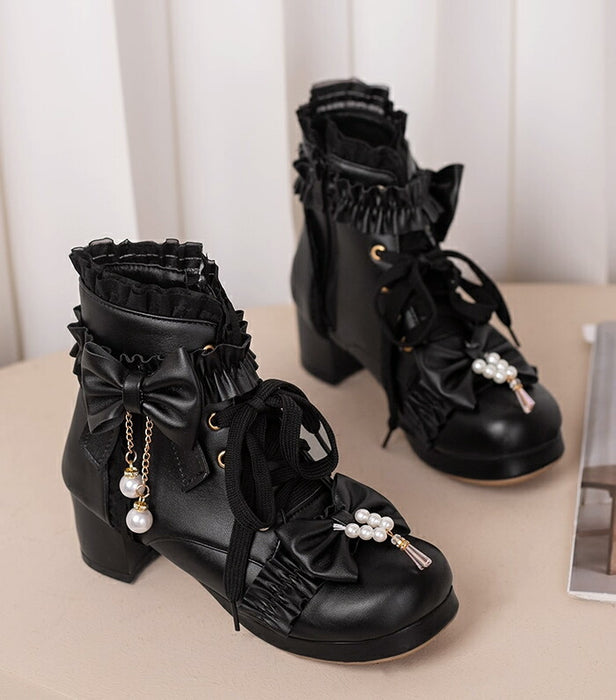 【5cm ヒール】厚底ブーツ ロリータ ブーツ レディース ショートブーツ 編み上げブーツ 甘ロリ お姫様 森ガール ロリィタ靴 レース リボン パール 5cm 太ヒール 歩きやすい 痛くない サイドジップ おしゃれ かわいい お茶会 コスプレ 黒 ピンク 白 秋冬