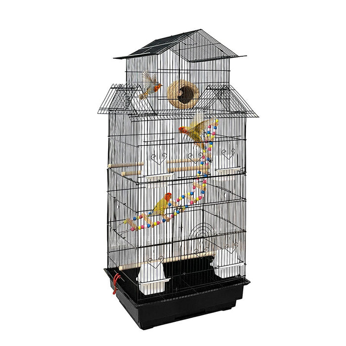 RAKU バードケージ 大型 多頭飼い 鳥かご セキセイインコ オカメインコ 飼育セット 幅50×奥行40×高さ104cm 止まり木 巣箱 ブランコ付き エサ入れ4個 引き出し式トレー お手入れ簡単 ホワイト/ブラック