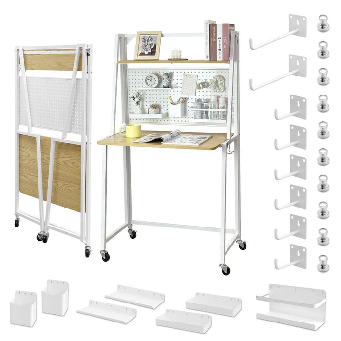 RAKU 書斎机 学習机 折り畳みテーブル 上棚付き 本棚 収納力抜群 組立不要 天板73.5×48cm キャスター 固定脚 角丸加工 耐久性 パソコンデスク PCデスク