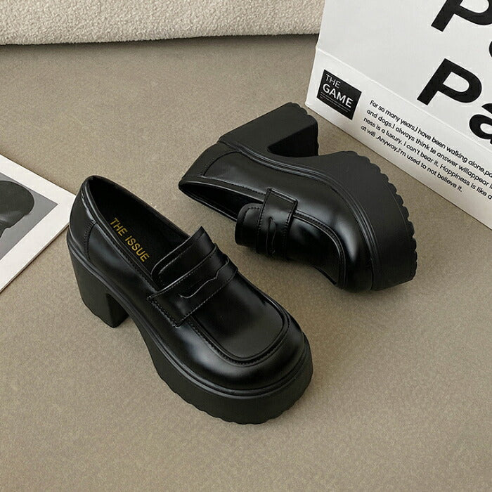 【7日内出荷】【9cmヒール】ローファー レディース スクールローファー 厚底 コインローファー 9cmヒール スクエアトゥ パンプス チャンキーヒール ボリューム プラットフォーム 革靴 歩きやすい オケージョン 脚長 中学 高校 学生 コスプレ 通学 黒 白 オールシーズン