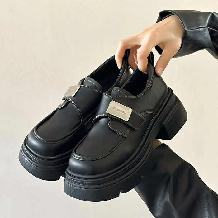 【7日内出荷】【5cmヒール 】厚底ローファー レディース パンプス PU 合皮 ストラップスクール ローファー ベルクロ 面ファスナー メタルプレート Uチップ チャンキーソール ボリュームソール 歩きやすい 身長アップ 美脚 学生 通学 通勤 制服コーデ 黒 茶色
