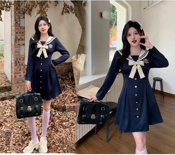 【7日内出荷】【L-4XL】長袖 ワンピース 制服 JK服 女子高生 スクールウェア 学園祭 文化祭 ラージサイズ  Aライン レディース 春 秋制服 学院風 ロリータ 可愛い ネイビー コスプレ ハロウィン