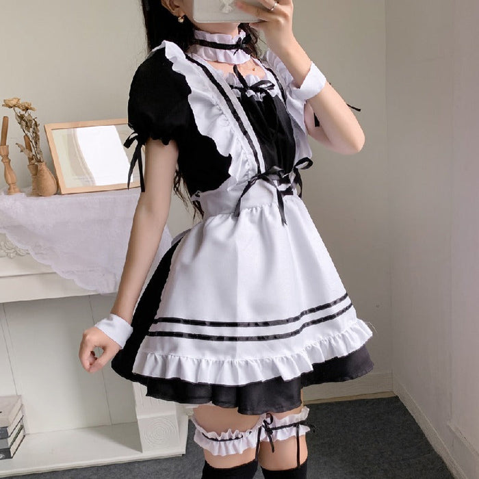 【7日内出荷】6点セット メイド服 コスプレ可愛い セクシー 制服 ハロウィン ゆめかわ 大人 レディース エプロン カチューシャ 半袖 ゴスロリ シンプル スカート ロリータ ワンピース 白 黒 赤 文化祭 リボン ピンク シンプル 仮装 衣装 膝丈