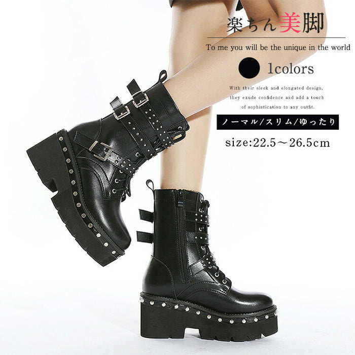 【7日内出荷】ショートブーツ パンク風 厚底 レースアップブーツ レディース ヒール8cm ブーツ スタッズ ダンスシューズ カジュアル 靴 編み上げブーツ 日常 通勤 おしゃれ 痛くない 履きやすい 柔らかい ゆったり きれいめ 人気 クール 美脚 春夏秋冬 韓国 仕事 PU 合皮 原宿系 細見え 黒