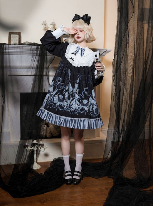 【7日内出荷】ワンピース ロリータ ハロウィン テディベア柄 ショート丈 ミニ レディース 長袖 ゴスロリ ゴシック 秋冬 暗黒風 リボン レー フリル ロリータワンピース コスチューム コスプレ 衣装 可愛い 仮装 パーティー イベント 文化祭 ブラック 黒 S M L