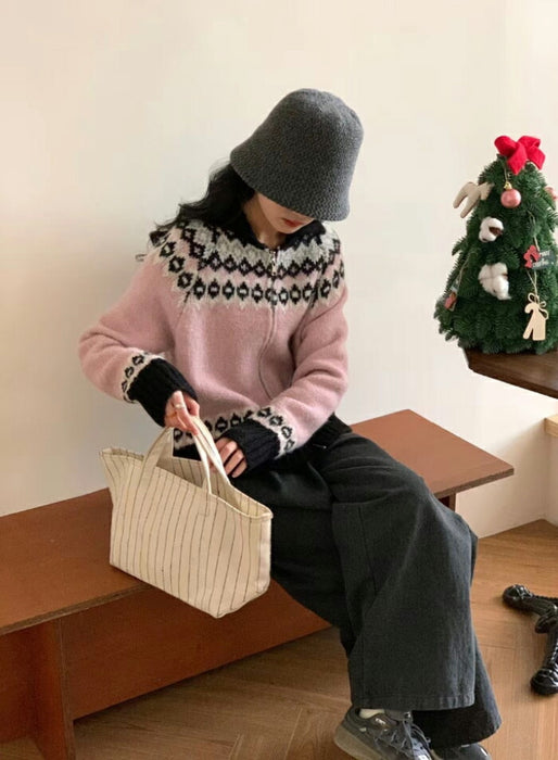 【7日内出荷】カーディガン ニット レディース フェアアイル ノルディック ジップアップ アウター トップス ブルゾン ショート丈 長袖 襟付き 韓国 きれいめ カジュアル 大人可愛い ゆったり あったか 防寒 おしゃれ 秋冬 クリスマス デート服 通勤 通学