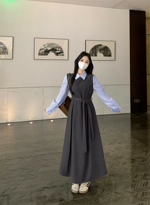 【7日内出荷】ワンピース ロングワンピース 切り替えワンピース Aライン ワンピ ロングワンピ ロング マキシワンピース 襟 無地 きれいめ シンプル マキシ レイヤード風 長袖 大きいサイズ 秋 冬