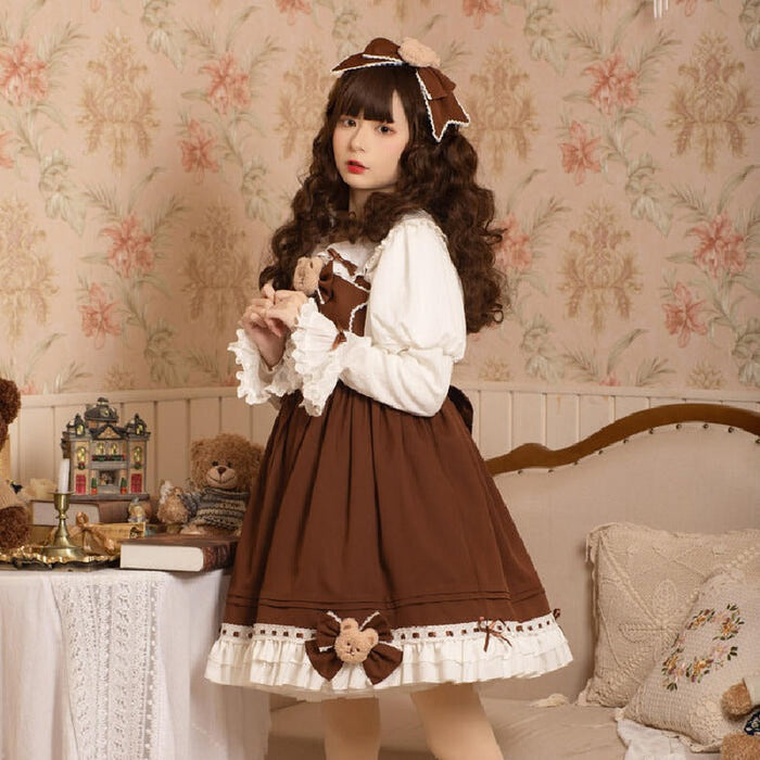【2点セット】ワンピース ロリータ服 ジャンパースカート くま エレガント かわいい クマちゃん JSK 膝丈 ベア ぬいぐるみ 秋新作 レディース 甘ロリィタ ブラウン フリル リボン ロリータ lolita ドレス 日常 お出かけ デート