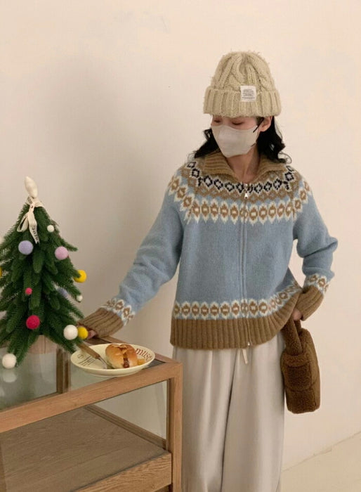 【7日内出荷】カーディガン ニット レディース フェアアイル ノルディック ジップアップ アウター トップス ブルゾン ショート丈 長袖 襟付き 韓国 きれいめ カジュアル 大人可愛い ゆったり あったか 防寒 おしゃれ 秋冬 クリスマス デート服 通勤 通学