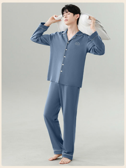 【7日内出荷】【2点セット】 ペア パジャマ レディース メンズ カップル ペアルック ルームウェア 上下セット 杏色 青色 綿100% コットン 長袖 寝巻き 部屋着 男性 女性 大人 おしゃれ ゆったり 春秋 春夏 秋冬 外出用 入院 上品 前開き 折り襟 ポケット付き 長ズボン ゴムウエスト