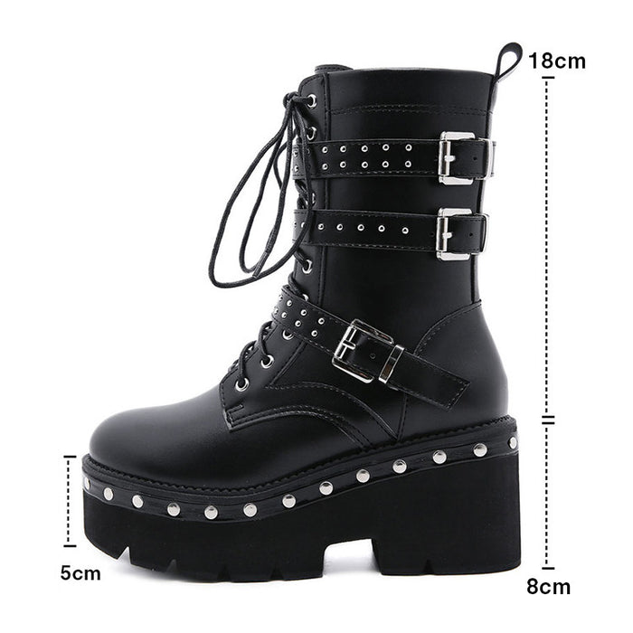 【7日内出荷】ショートブーツ パンク風 厚底 レースアップブーツ レディース ヒール8cm ブーツ スタッズ ダンスシューズ カジュアル 靴 編み上げブーツ 日常 通勤 おしゃれ 痛くない 履きやすい 柔らかい ゆったり きれいめ 人気 クール 美脚 春夏秋冬 韓国 仕事 PU 合皮 原宿系 細見え 黒