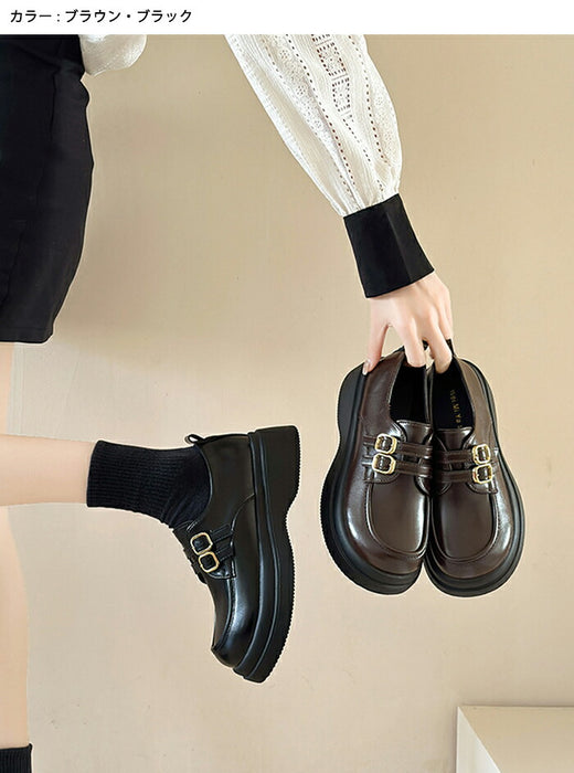 【7日内出荷】【5cmヒール】厚底ローファー レディース 黒 ブラック 革靴 レザー 合皮 バックル バックル 金具 Uチップ パンプス チャンキーソール ボリュームソール 歩きやすい 疲れにくい 美脚 脚長 おしゃれ OL 学生 通勤 通学 黒 茶色 秋冬 22.5 25.0