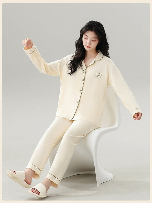 【7日内出荷】【2点セット】 ペア パジャマ レディース メンズ カップル ペアルック ルームウェア 上下セット 杏色 青色 綿100% コットン 長袖 寝巻き 部屋着 男性 女性 大人 おしゃれ ゆったり 春秋 春夏 秋冬 外出用 入院 上品 前開き 折り襟 ポケット付き 長ズボン ゴムウエスト