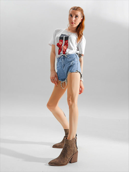 【7日内出荷】ウエスタンブーツ ショートブーツ レディース リングブーツ ステッチデザイン カウボーイブーツ スエード 秋 冬 ブーツ ポインテッドトゥ 8.5cm 太ヒール ラウンドトゥ 安定感 靴 カジュアル 韓国 通学 通勤 美脚 歩きやすい 疲れない 痛くない 大きいサイズ ウエスタン