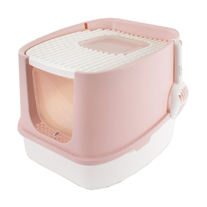 RAKU 猫トイレ 大型 上から猫トイレ シンプル 猫用品 ダブル脱臭 砂の飛び散り防止 2WAY出入り方法 掃除しやすい スコップ付 大容量 優れた耐久性 猫のトイレ ネコ 猫 トイレ ニオイの広がり防止 洗いやすい