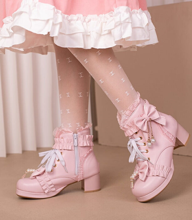 【5cm ヒール】厚底ブーツ ロリータ ブーツ レディース ショートブーツ 編み上げブーツ 甘ロリ お姫様 森ガール ロリィタ靴 レース リボン パール 5cm 太ヒール 歩きやすい 痛くない サイドジップ おしゃれ かわいい お茶会 コスプレ 黒 ピンク 白 秋冬