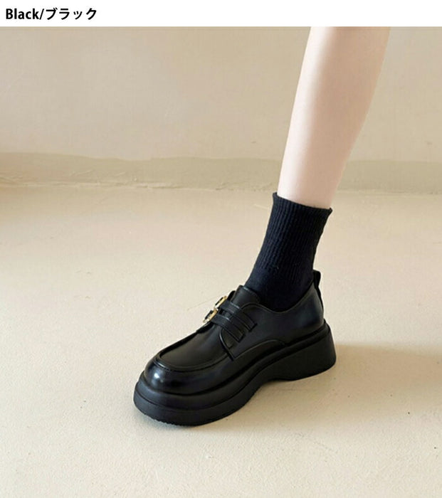 【7日内出荷】【5cmヒール】厚底ローファー レディース 黒 ブラック 革靴 レザー 合皮 バックル バックル 金具 Uチップ パンプス チャンキーソール ボリュームソール 歩きやすい 疲れにくい 美脚 脚長 おしゃれ OL 学生 通勤 通学 黒 茶色 秋冬 22.5 25.0