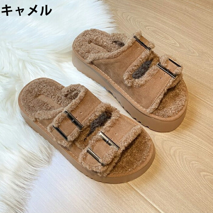 【7日内出荷】【 5cmヒール】厚底ボアサンダル レディース ファーサンダル ボア もこもこ 5cmヒール 歩きやすい つっかけ 暖かい 冬用サンダル 防寒 痛くない ダブルベルト 秋冬ルームシューズ 外履き 室内履き オフィス 20代 30代 シューズ 靴 ブラウン グレージュ