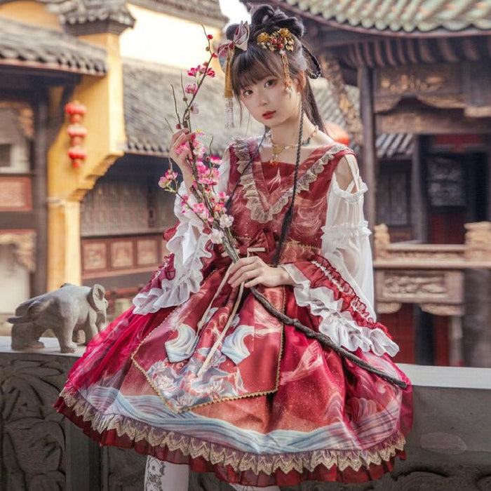 【7日内出荷】ロリータ ワンピース ゴスロリ ロリータドレス 膝丈 ロリィタ服 姫袖 お姫様ドレス 中華風 Lolita スカラップ フリル コスプレ衣装 ハロウィン コスチューム 長袖 レース チュール リボン 可愛い 学園祭 イベント 舞台衣装 撮影衣装 プリンセス ワインレッド ブルー 送料無料