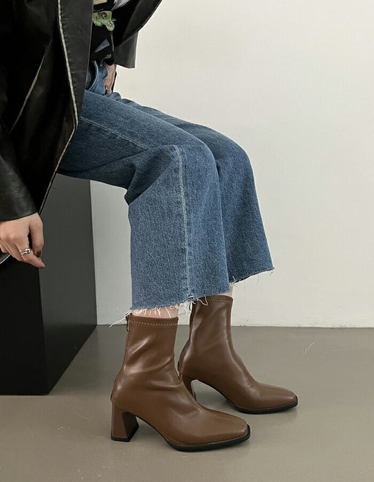 【8cmヒール】ブーツ レディース ショートブーツ ストレッチ 歩きやすい 痛くない ストレッチブーツ 8cmヒール ハイヒール バックジップ チャンキーヒール 通勤 オフィス ソックスブーツ 美脚 きれいめ カジュアル 大人女子 秋冬 黒 ブラウン アイボリー