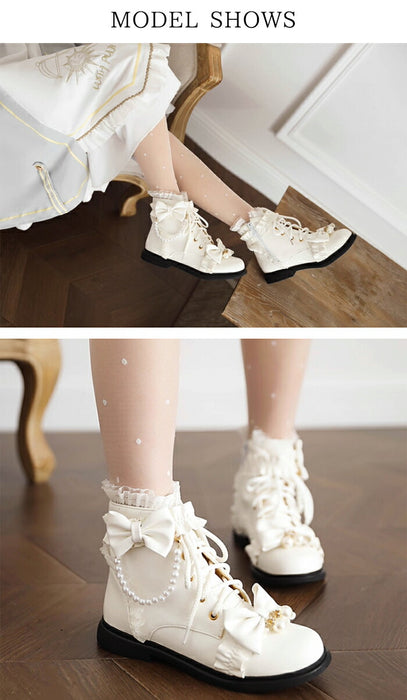 【2cmヒール】ロリータ ブーツ レディース ショートブーツ 編み上げブーツ ローヒール 甘ロリ お姫様 森ガール ロリィタ靴 レース リボン パール 歩きやすい 疲れない サイドジップ おしゃれ かわいい お茶会 コスプレ 発表会 黒 ピンク 白 秋冬