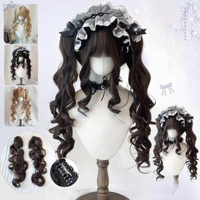【7日内出荷】ロリータ ウィッグ ロング カール ツインテール フルウィッグ バンスクリップ付き 前髪あり ふんわり カール 耐熱 コスプレ メイド ロリータファッション 撮影用 衣装用 ブラック ブラウン 金髪