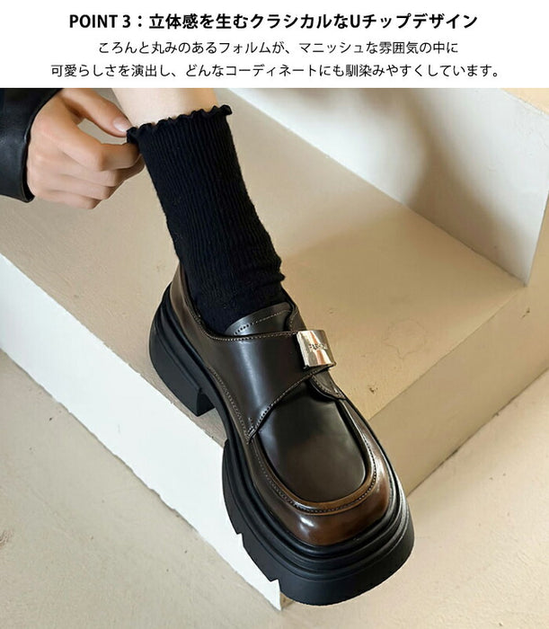 【7日内出荷】【5cmヒール 】厚底ローファー レディース パンプス PU 合皮 ストラップスクール ローファー ベルクロ 面ファスナー メタルプレート Uチップ チャンキーソール ボリュームソール 歩きやすい 身長アップ 美脚 学生 通学 通勤 制服コーデ 黒 茶色