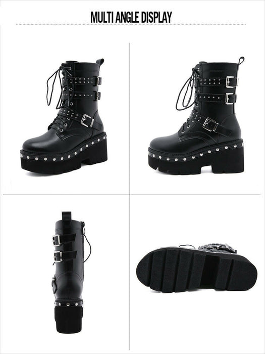 【7日内出荷】ショートブーツ パンク風 厚底 レースアップブーツ レディース ヒール8cm ブーツ スタッズ ダンスシューズ カジュアル 靴 編み上げブーツ 日常 通勤 おしゃれ 痛くない 履きやすい 柔らかい ゆったり きれいめ 人気 クール 美脚 春夏秋冬 韓国 仕事 PU 合皮 原宿系 細見え 黒