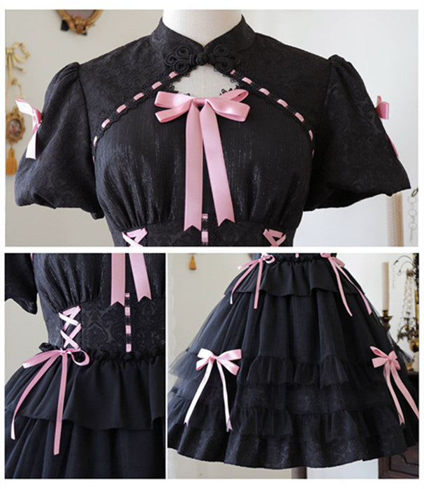 【7日内出荷】ロリータワンピース ホワイト 白 レディース lolita リボン ロリータ 袖付き 膝丈 小柄 可愛い 着瘦せ 仮装 コスプレ コスチューム 小柄 可愛い 学生 女の子 ゴスロリ  仮装 パーティ イベント ロリィタファッション フリル