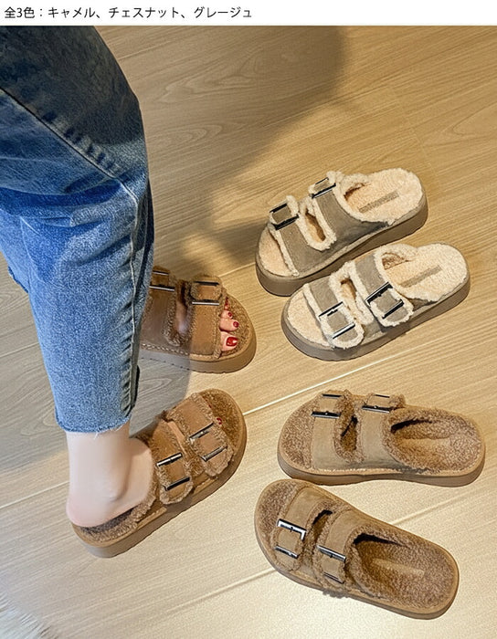 【7日内出荷】【 5cmヒール】厚底ボアサンダル レディース ファーサンダル ボア もこもこ 5cmヒール 歩きやすい つっかけ 暖かい 冬用サンダル 防寒 痛くない ダブルベルト 秋冬ルームシューズ 外履き 室内履き オフィス 20代 30代 シューズ 靴 ブラウン グレージュ
