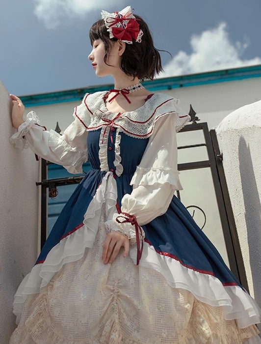 【7日内出荷】 ロリータ 森ガール ワンピース Aライン Lolita 2way オフショルダー 長袖 レース フリル 半袖 萌え萌え 可愛い かわいい プリンセス お姫様 プレゼント ミモレ丈 レディース ロココ コスチューム 仮装 ハロウィン 学園祭 文化祭 ベージュ ネイビー