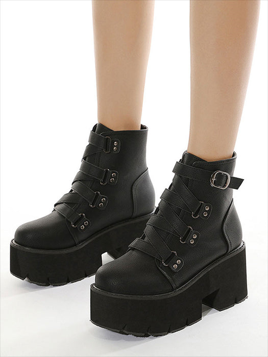 【7日内出荷】【8cmヒール 】ショートブーツ レディース 厚底 秋ブーツ 黒 日常 通勤 レースアップブーツ 靴 編み上げブーツ おしゃれ 痛くない 履きやすい 柔らかい カジュアル ゆったり ラウンドトゥ 太ヒール きれいめ 人気 クール 春夏秋冬 ダンスシューズ  韓国 仕事 合皮 原宿系 細見え
