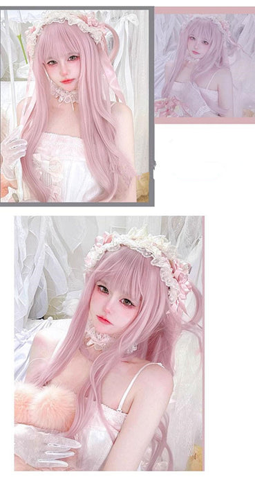 【7日内出荷】ロング ウィッグ フルウィッグ 前髪あり 三つ編み つけ毛 ロングカール 耐熱 自然 ピンクパープル系 コスプレ ゴスロリ ハーフアップ風 アレンジ可