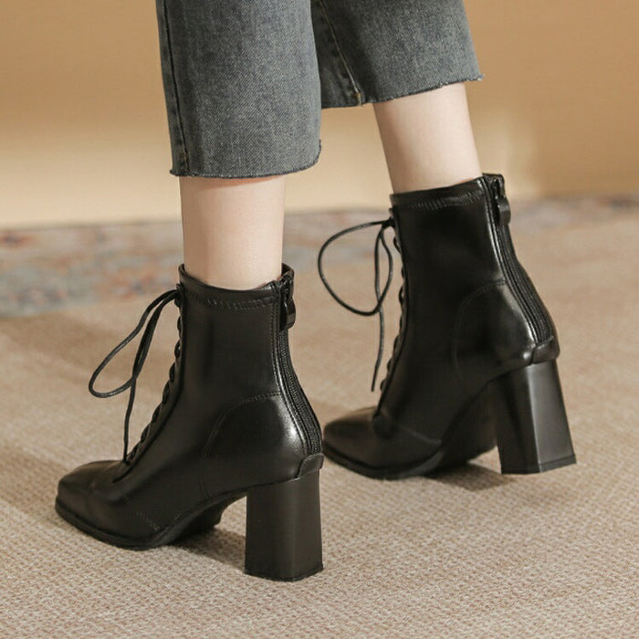 【7日内出荷】【7cmヒール】 ハイカット ショートブーツ レディース レースアップ ブーツ 編み上げ 太ヒール ファスナー付き 靴 女生 美脚 PU 無地 痛くない 履きやすい 歩きやすい 軽量 シンプル カジュアル 通勤 通学 おしゃれ 靴 袴 秋 きれいめ 女性 大人 寒さ対策 冬用 旅行 冬 発表会