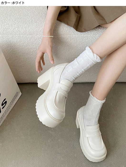 【7日内出荷】【9cmヒール】ローファー レディース スクールローファー 厚底 コインローファー 9cmヒール スクエアトゥ パンプス チャンキーヒール ボリューム プラットフォーム 革靴 歩きやすい オケージョン 脚長 中学 高校 学生 コスプレ 通学 黒 白 オールシーズン