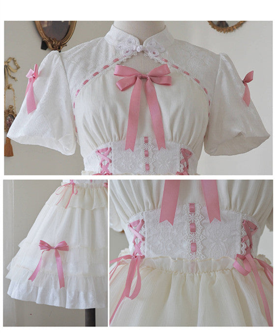 【7日内出荷】ロリータワンピース ホワイト 白 レディース lolita リボン ロリータ 袖付き 膝丈 小柄 可愛い 着瘦せ 仮装 コスプレ コスチューム 小柄 可愛い 学生 女の子 ゴスロリ  仮装 パーティ イベント ロリィタファッション フリル