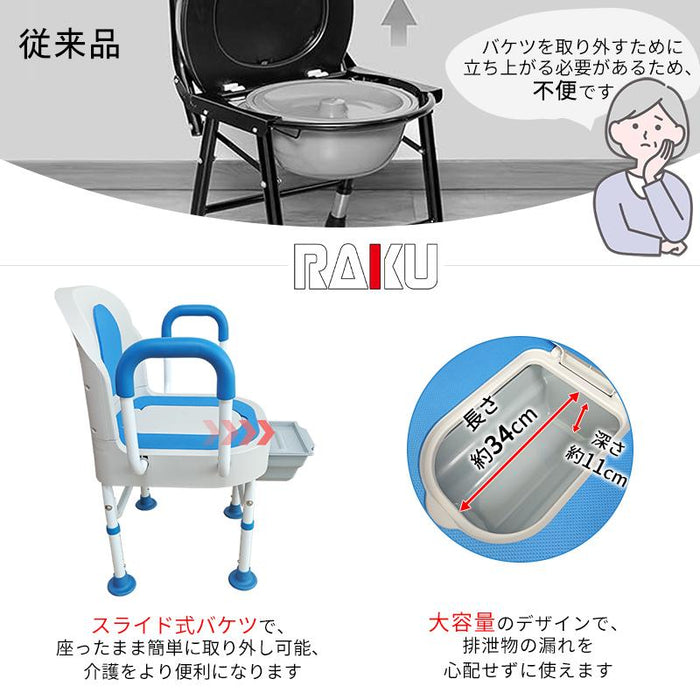 RAKU ポータブルトイレ 介護用トイレ 水洗い可 簡易便座 高さ調節 耐荷重約100kg 安定性 ダブル蓋付き 背もたれ付き トイレ補助 手すり付き  EVAシート 高齢者