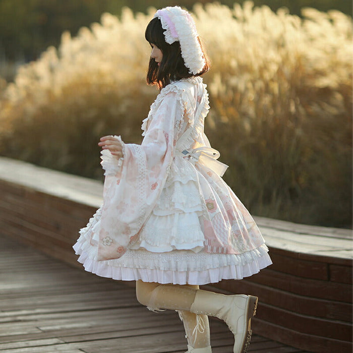 和風 ロリータワンピース ロリータドレス 甘ロリ ゆったり 長袖ワンピース フリル リボン 可愛い 原宿 ガーリー 甘め キュート 春秋