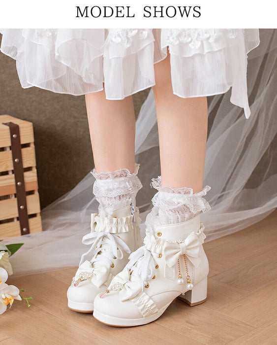 【5cm ヒール】厚底ブーツ ロリータ ブーツ レディース ショートブーツ 編み上げブーツ 甘ロリ お姫様 森ガール ロリィタ靴 レース リボン パール 5cm 太ヒール 歩きやすい 痛くない サイドジップ おしゃれ かわいい お茶会 コスプレ 黒 ピンク 白 秋冬