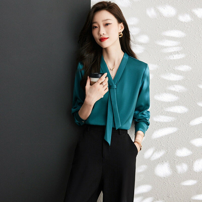 【7日内出荷】ブラウス レディース オフィス ボウタイ スカーフタイ リボンタイ Vネック スーツ カットソー きれいめ 長袖 シフォン 白ブラウス 白シャツ インナー トップス オフィスカジュアル シワになりにくい イージーケア 春 夏